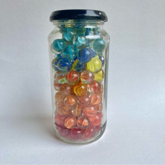 Vintage Multi Color Cat’s Eye Banana Glass Toy Marble  Jar - Picture 1 of 14